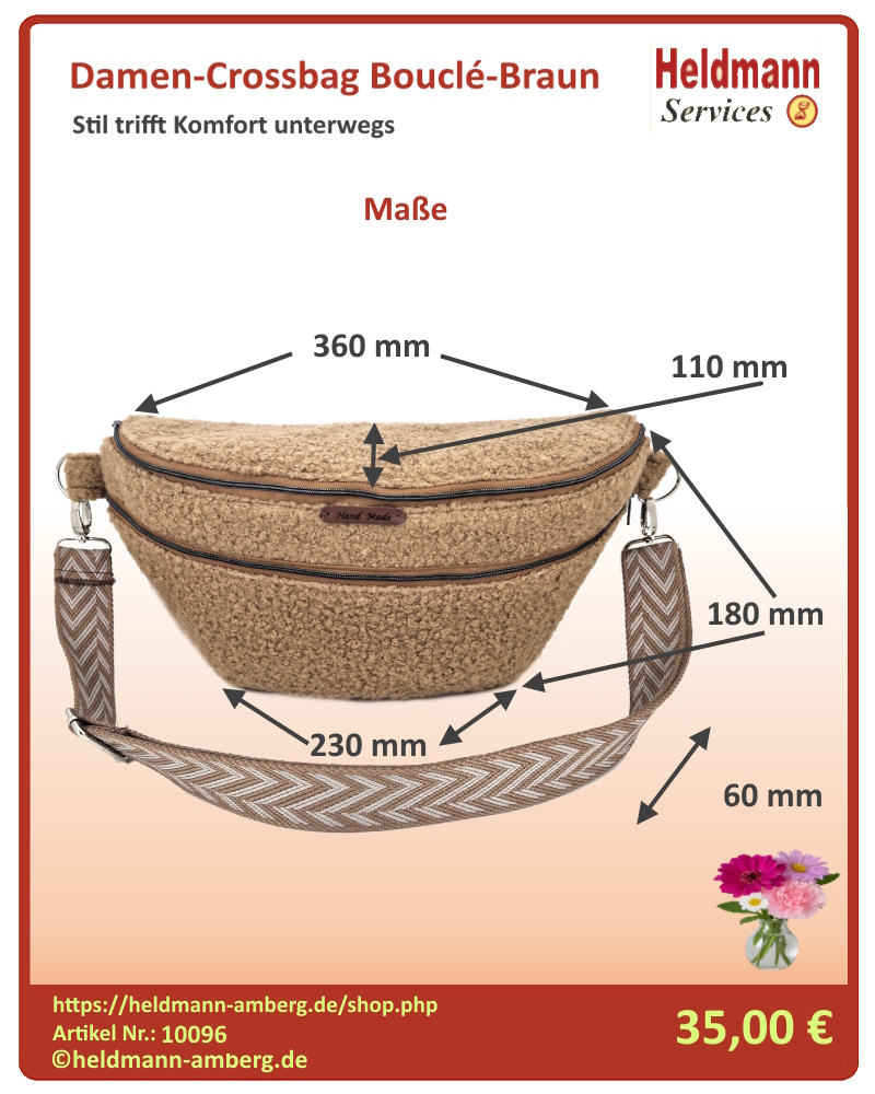 10096 Damen-Crossbag Bouclé-Braun Maße