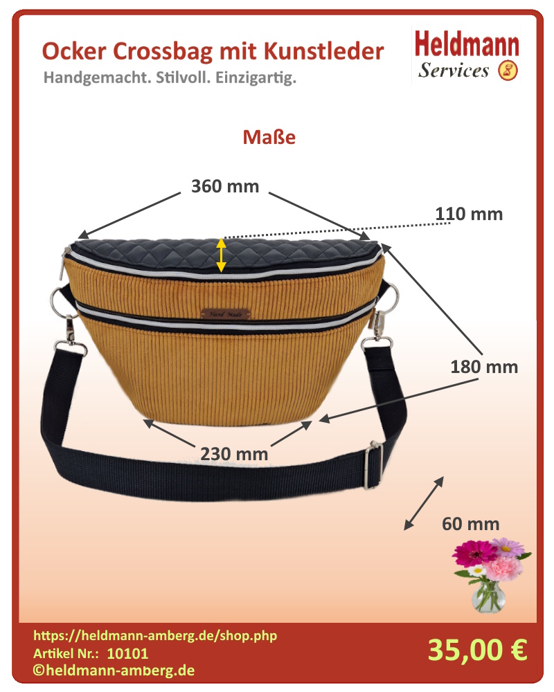 10101 Ocker Crossbag mit Kunstleder Maße