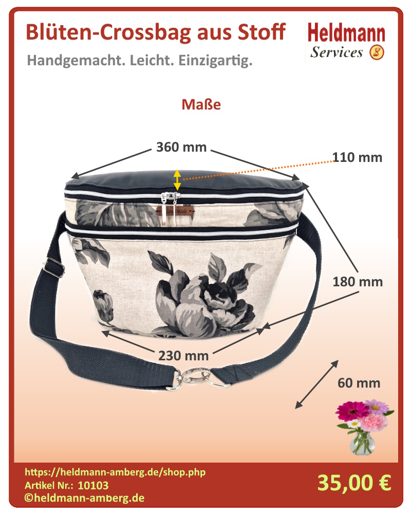 10103 Blüten-Crossbag aus Stoff Maße