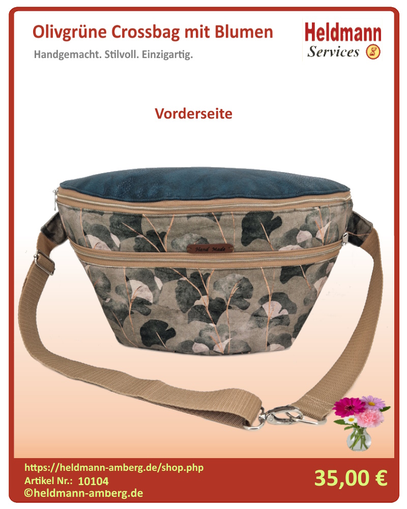10104 Olivgrüne Crossbag mit Blumen Vorderseite