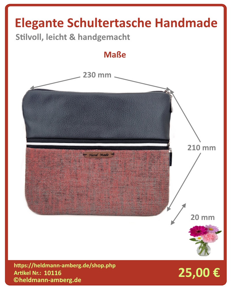 10116 Elegante Schultertasche Handmade Maße