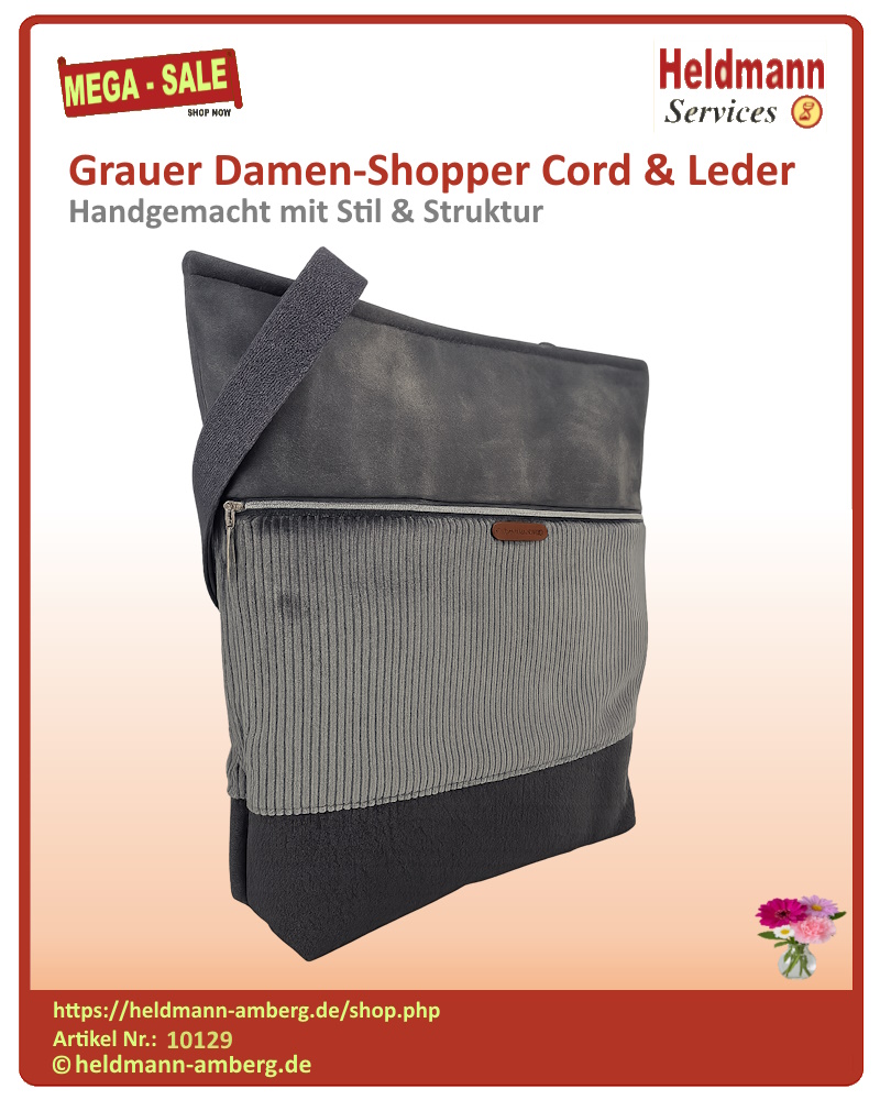 10129 Grauer Damen-Shopper Cord & Leder