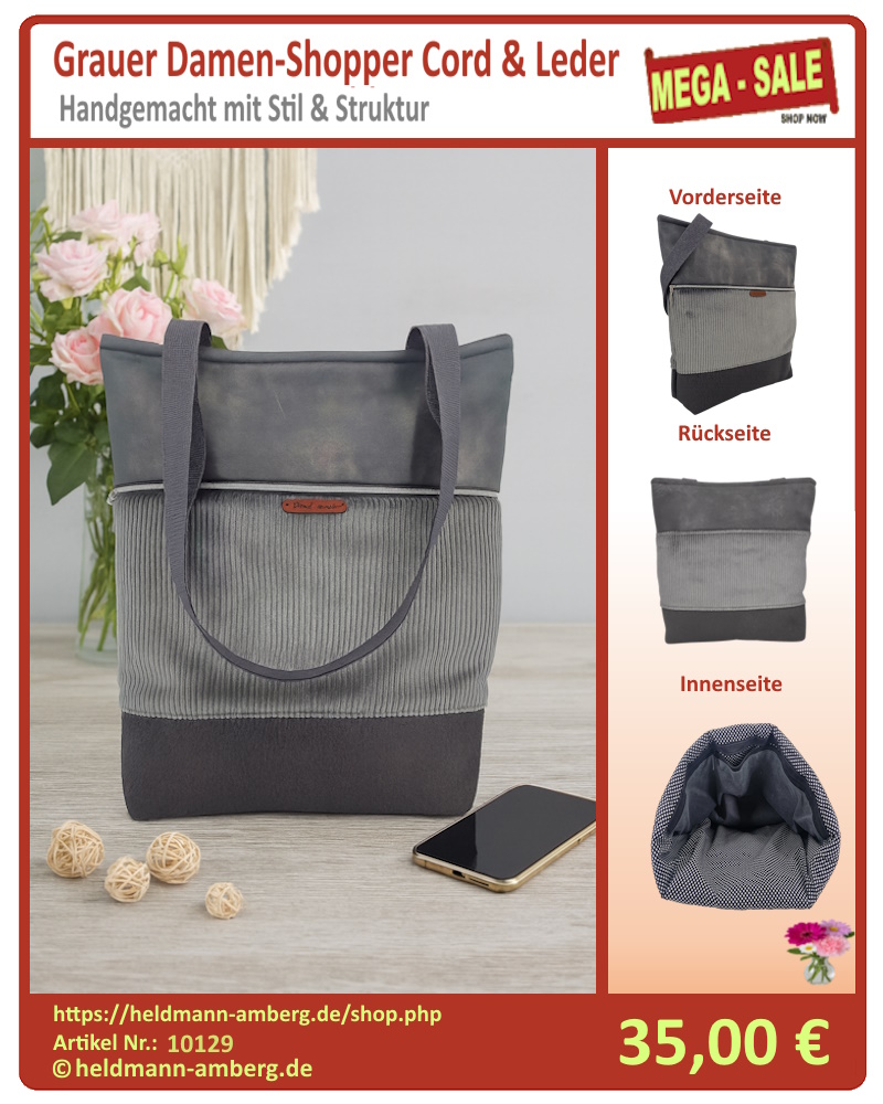 10129 Grauer Damen-Shopper Cord & Leder